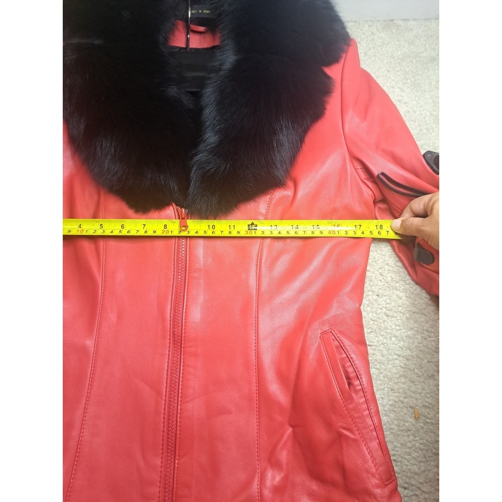 Y2K Vintage Chosen Couture Red Leather Jacket Black Fox Fur Collar Mob Wife - Picture 9 of 11